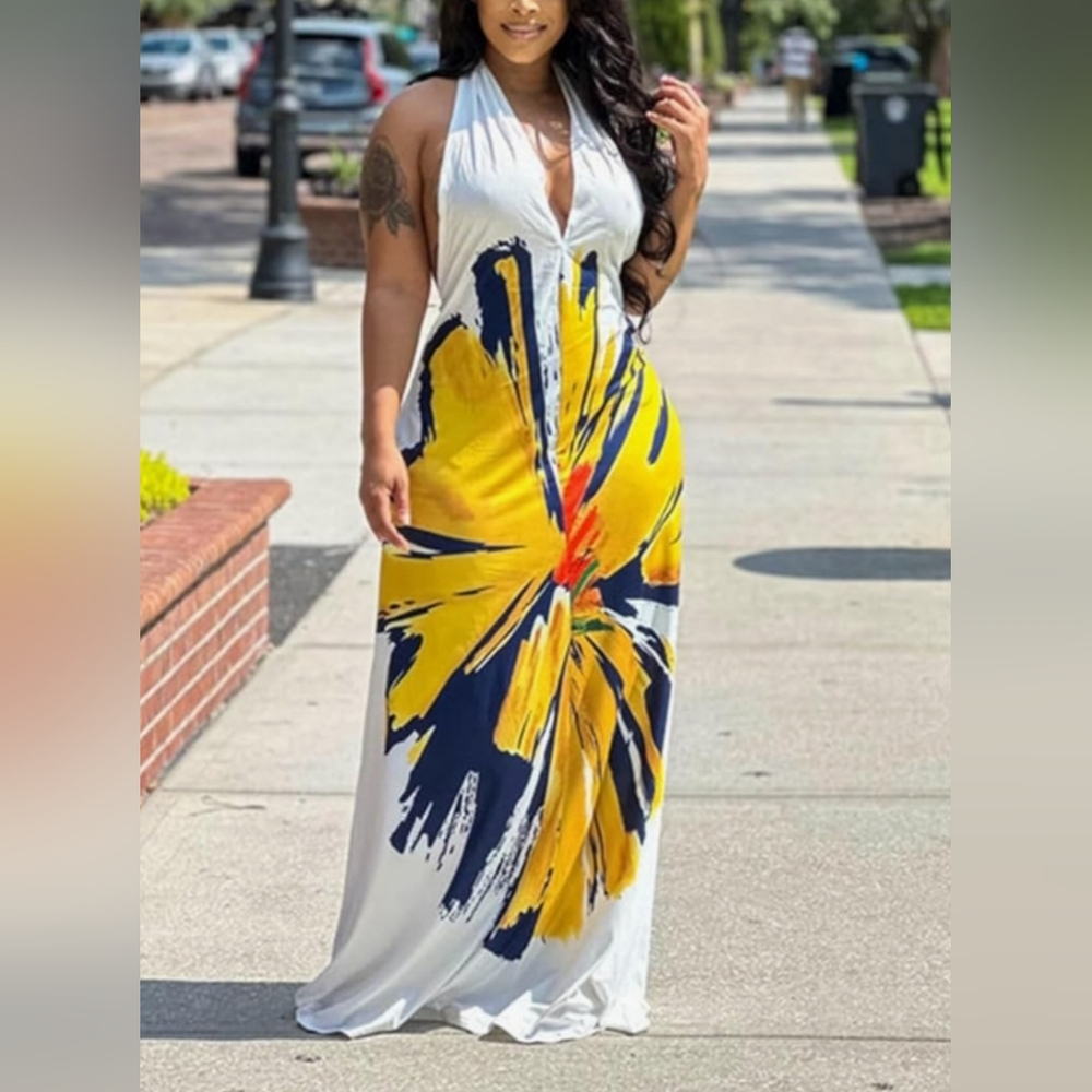 Yellow Flower Halter Neck Maxi Dress NWOT